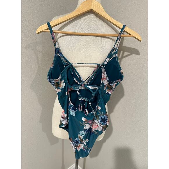 Cupshe Floral Lace Up One Piece Swimsuit Green / Teal Floral Large - Picture 4 of 9